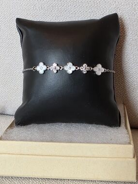 Silver Tone Bracelet Mother of Pearl Style Crystal Station Bracelet Adjustable